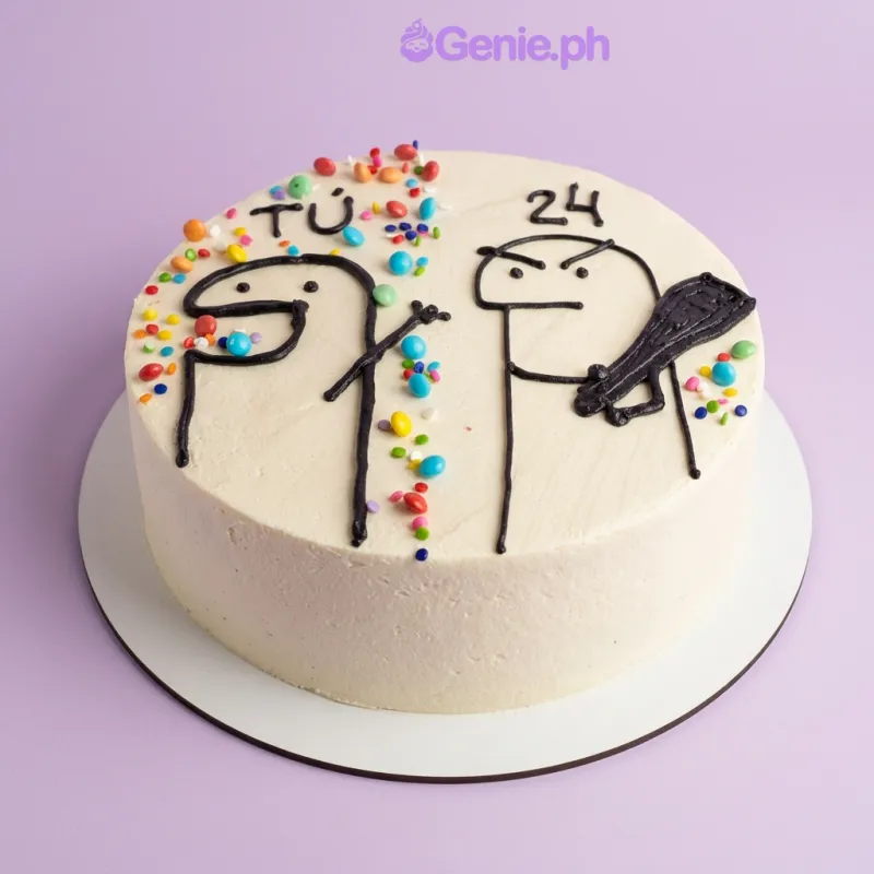 White 1-tier cake with hand-drawn Flork meme characters and colorful sprinkles White 1-tier cake with hand-drawn Flork meme characters and colorful sprinkles