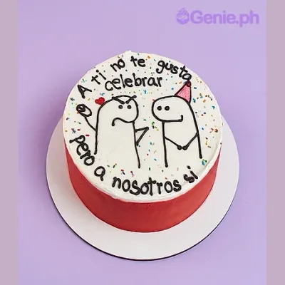 White round cake with Flork meme stick figures and Spanish text White round cake with Flork meme stick figures and Spanish text