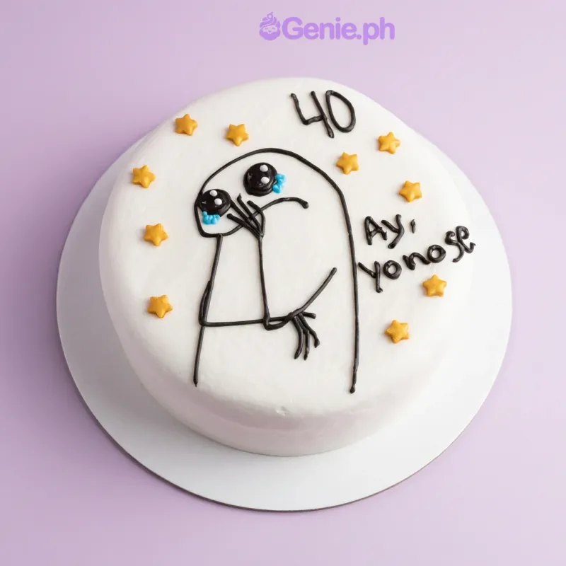 One tier cake with white soft icing, a flork meme character drawing, piped messages, and yellow star decorations One tier cake with white soft icing, a flork meme character drawing, piped messages, and yellow star decorations