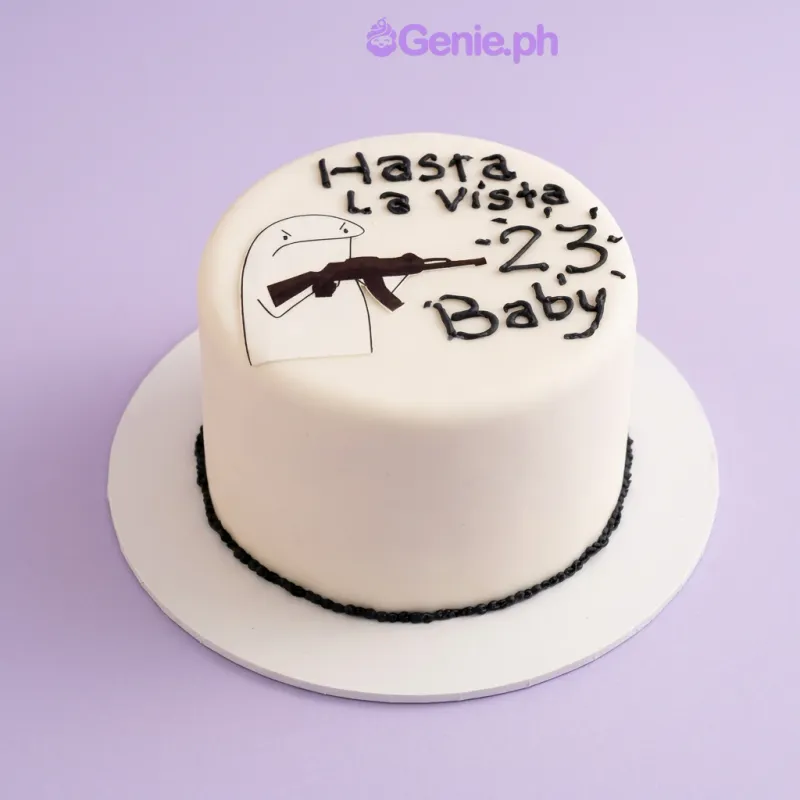 White 1-tier fondant cake with a Flork character printout and black piped text White 1-tier fondant cake with a Flork character printout and black piped text