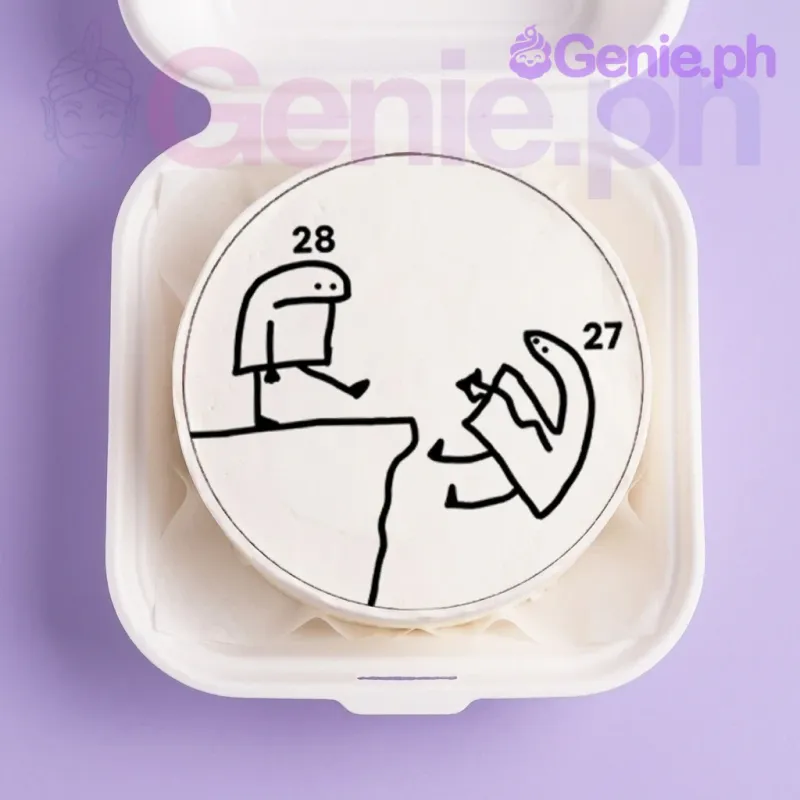 White bento cake with black and white Flork of Cows meme design, one character kicking another off a cliff. White bento cake with black and white Flork of Cows meme design, one character kicking another off a cliff.