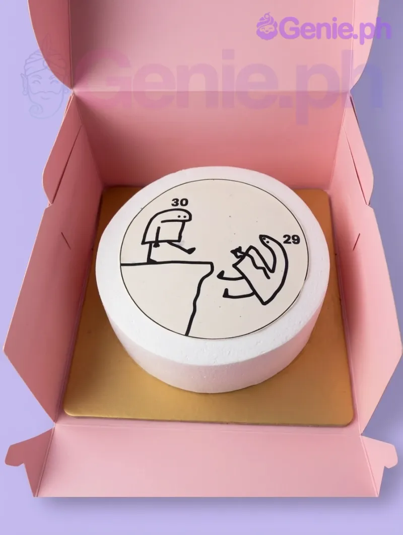 A white 1 Tier cake themed around Flork Meme, featuring a humorous printout of Flork characters with ages 29 and 30. A white 1 Tier cake themed around Flork Meme, featuring a humorous printout of Flork characters with ages 29 and 30.