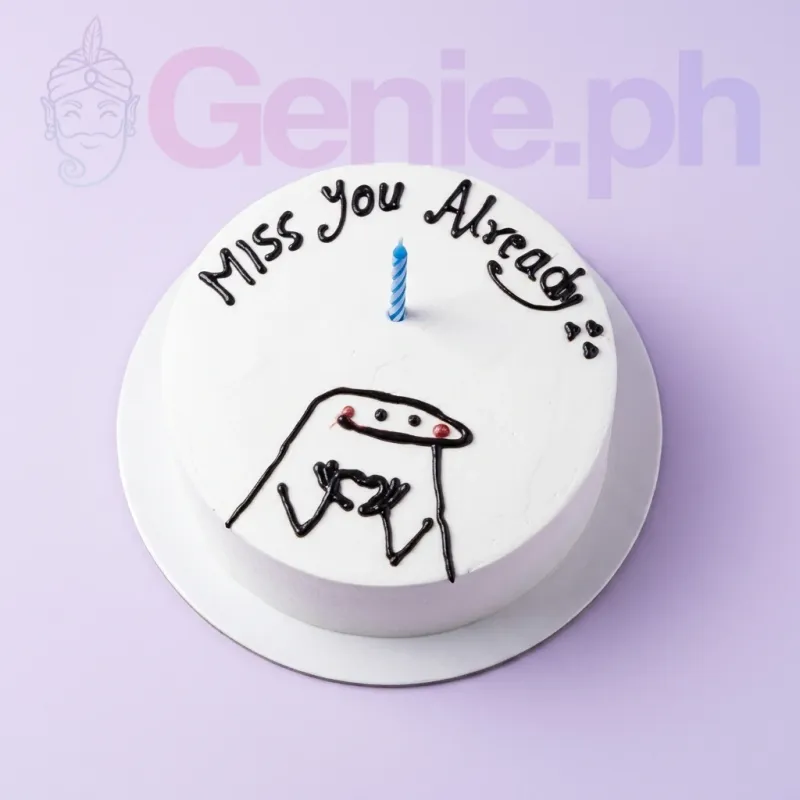 Flork minimalist blue cake design — 1 layer soft icing cake in white — with blue candle, Flork character holding a heart, and custom "Miss You Already" message Flork minimalist blue cake design — 1 layer soft icing cake in white — with blue candle, Flork character holding a heart, and custom "Miss You Already" message