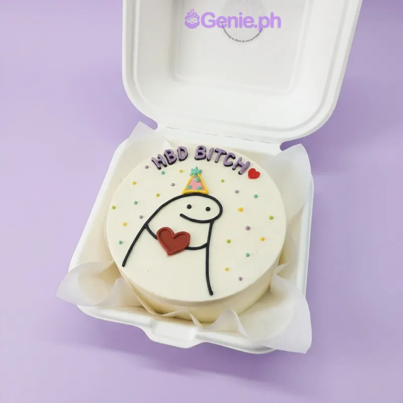 A white Bento cake themed Flork Minimalist, featuring a character with a party hat and red heart, colorful sprinkles, and text. A white Bento cake themed Flork Minimalist, featuring a character with a party hat and red heart, colorful sprinkles, and text.