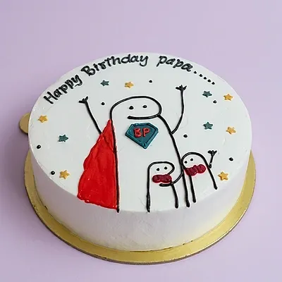 White single tier birthday cake with hand-drawn Flork characters and colorful stars White single tier birthday cake with hand-drawn Flork characters and colorful stars