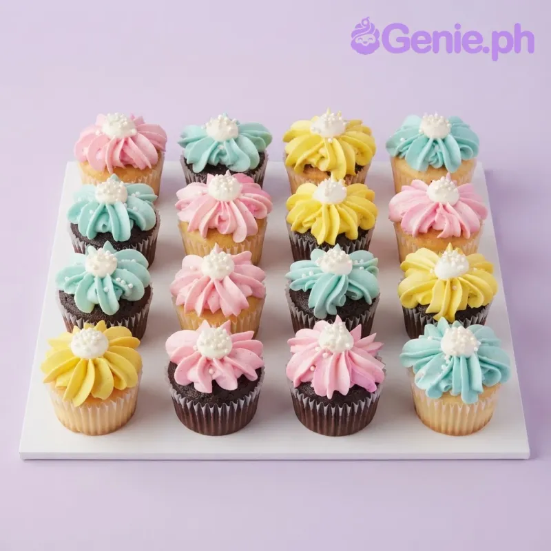 Assorted cupcakes with pink, yellow, and mint green piped flower icing and white pearl sprinkles on a white tray Assorted cupcakes with pink, yellow, and mint green piped flower icing and white pearl sprinkles on a white tray