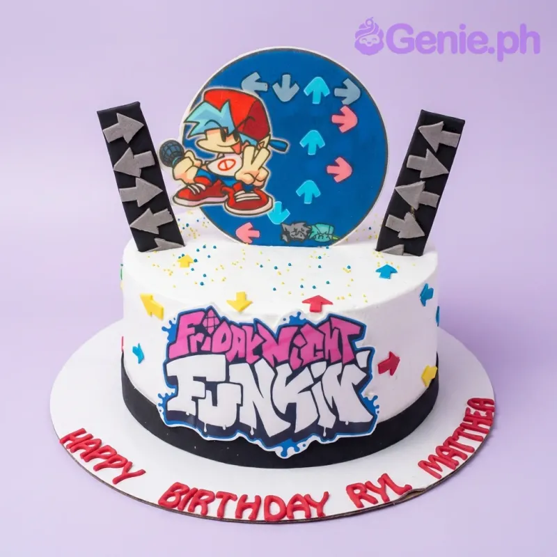 A white 1 Tier Friday Night Funkin cake, featuring a Boyfriend character topper, game logo, and arrow decorations. A white 1 Tier Friday Night Funkin cake, featuring a Boyfriend character topper, game logo, and arrow decorations.