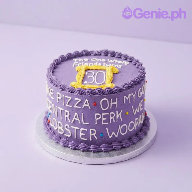 Purple 1-tier cake with soft icing, Friends TV show theme, yellow frame topper, and white piped text Purple 1-tier cake with soft icing, Friends TV show theme, yellow frame topper, and white piped text