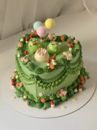 Mint green 1-tier cake with soft icing, Frog Mushroom Cottagecore Cake theme, and green frog figurines