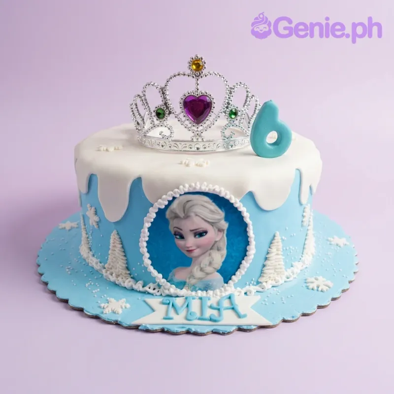 A blue and white 1-tier fondant Frozen Elsa cake, featuring a silver tiara, blue '6', and snowflakes. A blue and white 1-tier fondant Frozen Elsa cake, featuring a silver tiara, blue '6', and snowflakes.