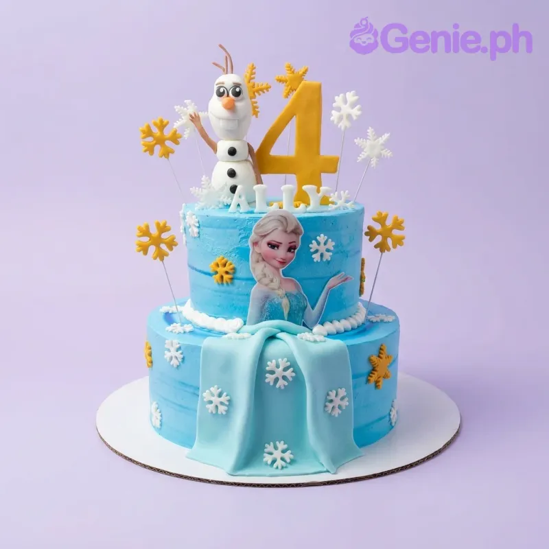 Two-tier light blue Frozen themed cake featuring Elsa printout, Olaf fondant figure, and yellow snowflakes. Two-tier light blue Frozen themed cake featuring Elsa printout, Olaf fondant figure, and yellow snowflakes.