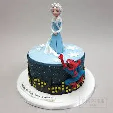 Navy blue and light blue 1-tier fondant cake with an Elsa topper, Spiderman accent, and city silhouette Navy blue and light blue 1-tier fondant cake with an Elsa topper, Spiderman accent, and city silhouette