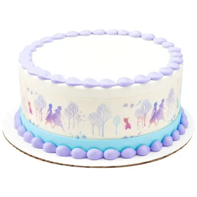A white, light blue, and purple 1 Tier cake themed around Frozen, featuring Elsa and Anna in a winter forest wrap and purple icing dollops. A white, light blue, and purple 1 Tier cake themed around Frozen, featuring Elsa and Anna in a winter forest wrap and purple icing dollops.