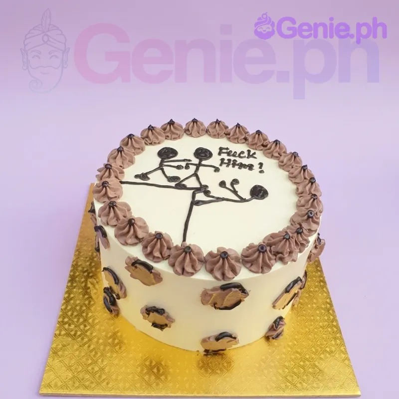A white Funny Bento 1 Tier cake featuring a humorous stick figure drawing, black text, leopard print sides, and brown piped borders. A white Funny Bento 1 Tier cake featuring a humorous stick figure drawing, black text, leopard print sides, and brown piped borders.