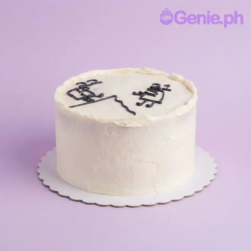 White 1-tier soft icing cake with black piped icing doodles of funny characters and numbers White 1-tier soft icing cake with black piped icing doodles of funny characters and numbers