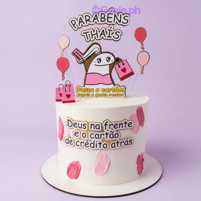 White 1-tier cake with Flork character topper and funny credit card message White 1-tier cake with Flork character topper and funny credit card message