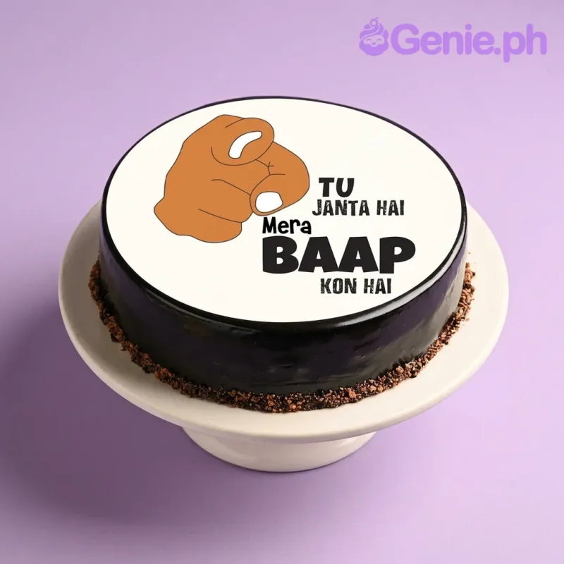 A black and white 1-Tier Funny Sarcastic cake, featuring a pointing hand graphic, 'TU JANTA HAI MERA BAAP KON HAI' text, and chocolate crumbs. A black and white 1-Tier Funny Sarcastic cake, featuring a pointing hand graphic, 'TU JANTA HAI MERA BAAP KON HAI' text, and chocolate crumbs.