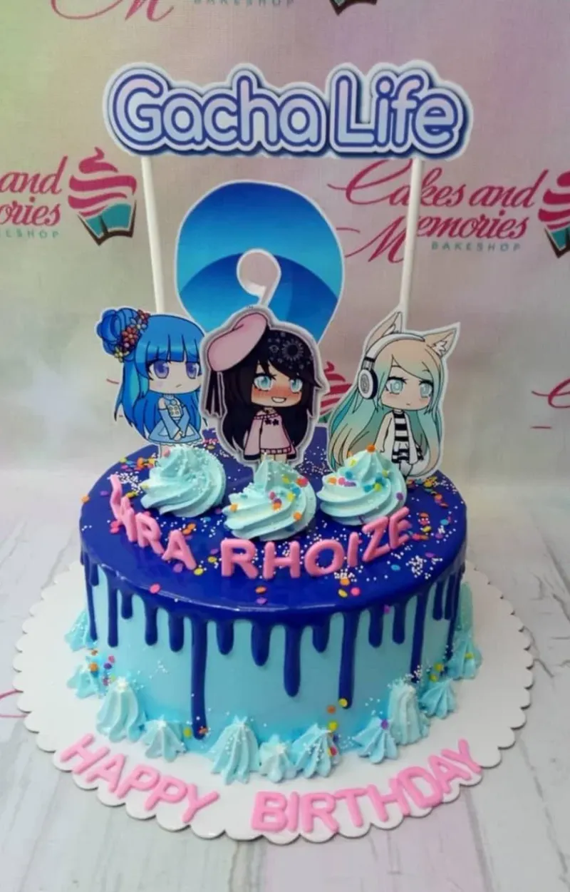 Gacha Life themed birthday cake with blue and light blue icing, dark blue drip, and character printouts. Gacha Life themed birthday cake with blue and light blue icing, dark blue drip, and character printouts.
