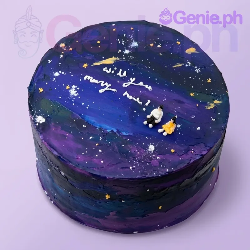 A purple and navy blue 1 Tier Galaxy Proposal cake, featuring a miniature couple figurine, 'Will you marry me?' text, and stars. A purple and navy blue 1 Tier Galaxy Proposal cake, featuring a miniature couple figurine, 'Will you marry me?' text, and stars.