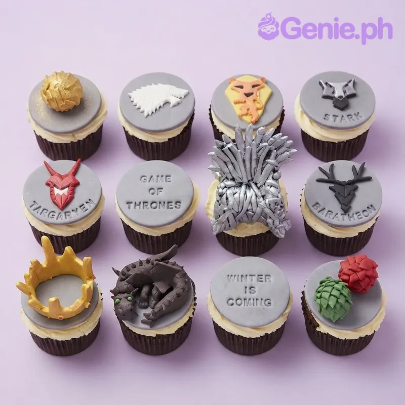 Game of Thrones themed cupcake set with an iron throne topper, dragon figure, and grey house sigil plaques Game of Thrones themed cupcake set with an iron throne topper, dragon figure, and grey house sigil plaques