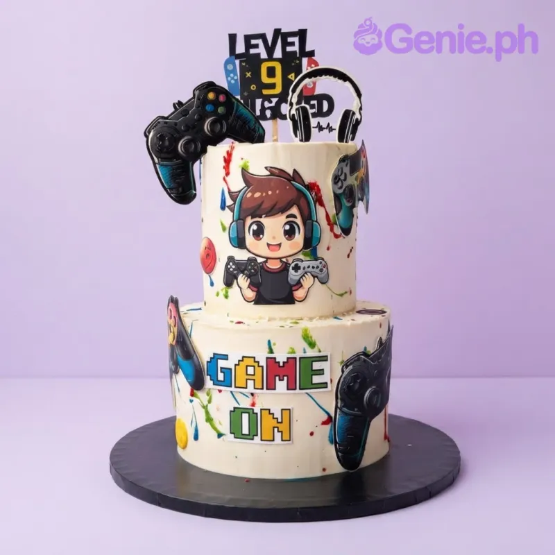 White 2-tier cake with colorful icing splatters, gamer boy character, controller cutouts, and a Level 9 Unlocked topper White 2-tier cake with colorful icing splatters, gamer boy character, controller cutouts, and a Level 9 Unlocked topper
