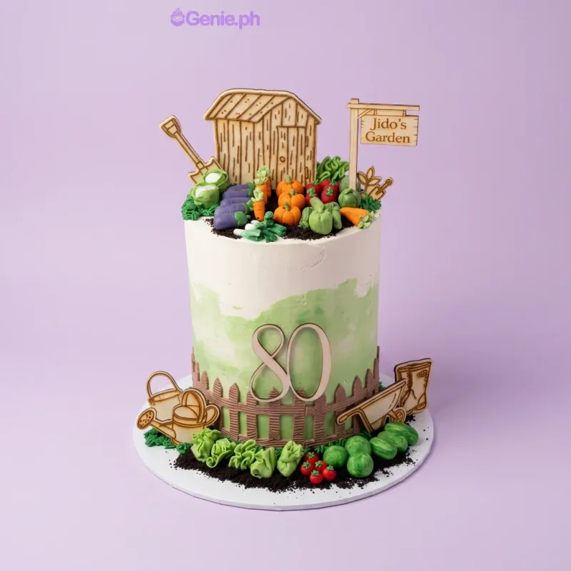 White and light green 1-tier cake with a garden theme, wooden shed and sign toppers, and fondant vegetable decorations White and light green 1-tier cake with a garden theme, wooden shed and sign toppers, and fondant vegetable decorations
