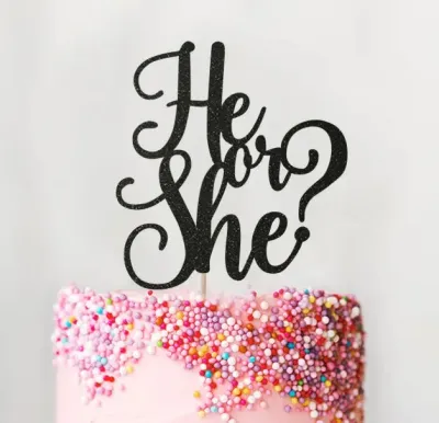 A pink 1 Tier Gender Reveal cake, featuring a black glittery He or She topper and colorful sprinkles on the side. A pink 1 Tier Gender Reveal cake, featuring a black glittery He or She topper and colorful sprinkles on the side.