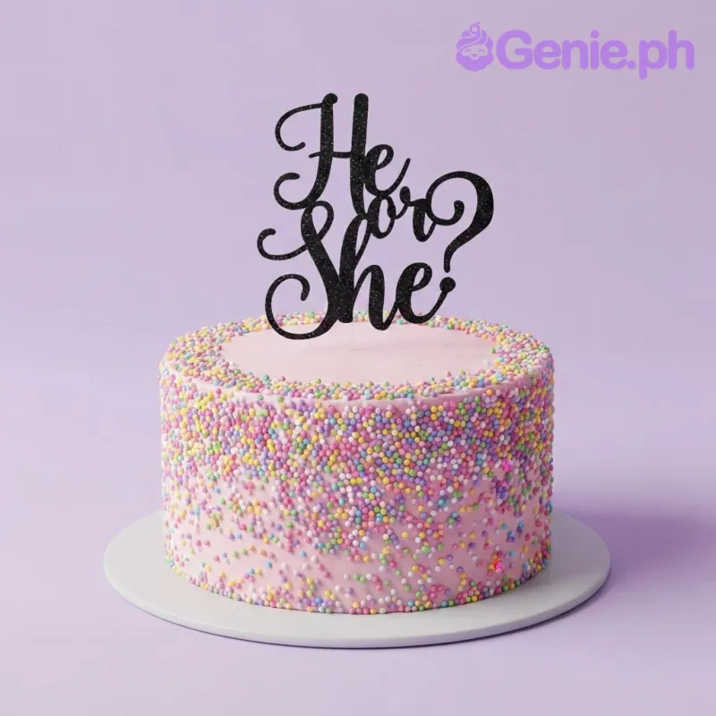 A pink 1 Tier Gender Reveal cake, featuring a black glittery He or She topper and colorful sprinkles on the side. A pink 1 Tier Gender Reveal cake, featuring a black glittery He or She topper and colorful sprinkles on the side.