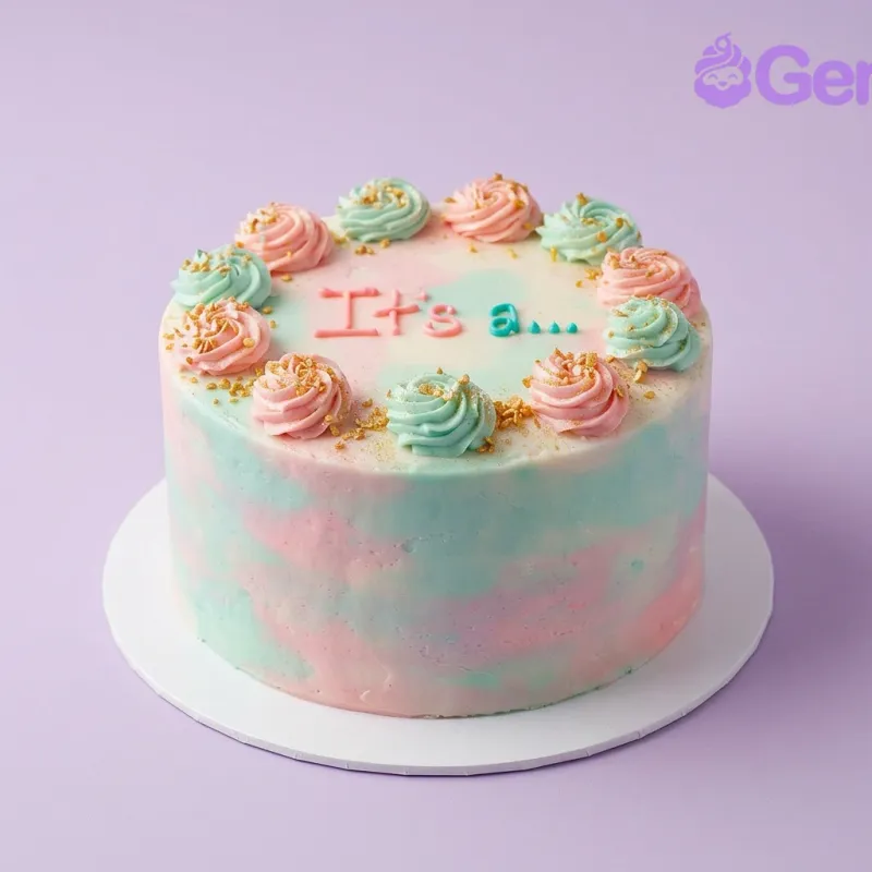 Pastel pink and blue marble soft icing cake for a gender reveal with piped rosettes and gold sprinkles Pastel pink and blue marble soft icing cake for a gender reveal with piped rosettes and gold sprinkles