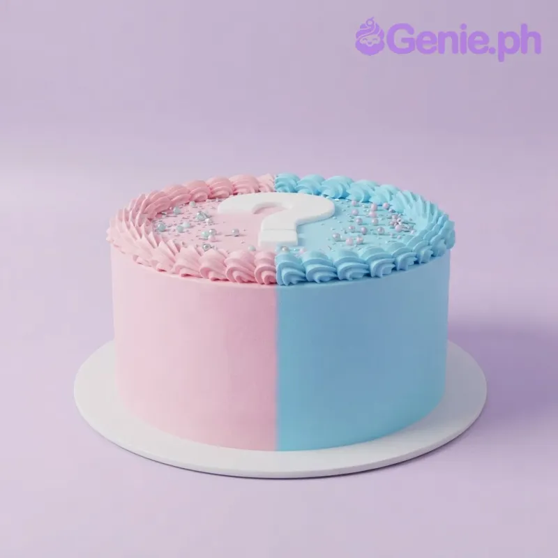 Sky blue 1-tier cake with smooth soft icing, a white question mark topper, and piped pink and blue shell borders Sky blue 1-tier cake with smooth soft icing, a white question mark topper, and piped pink and blue shell borders