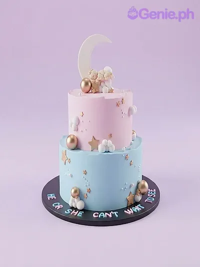 Pastel pink and blue 2-tier gender reveal cake with a sleeping baby, crescent moon, gold spheres, and white clouds. Pastel pink and blue 2-tier gender reveal cake with a sleeping baby, crescent moon, gold spheres, and white clouds.