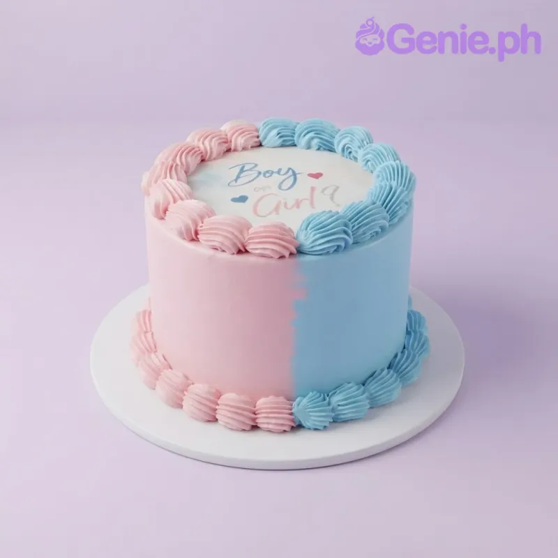 Half pink and half light blue 1-tier gender reveal cake with smooth icing, piped rosettes, and a round top printout Half pink and half light blue 1-tier gender reveal cake with smooth icing, piped rosettes, and a round top printout