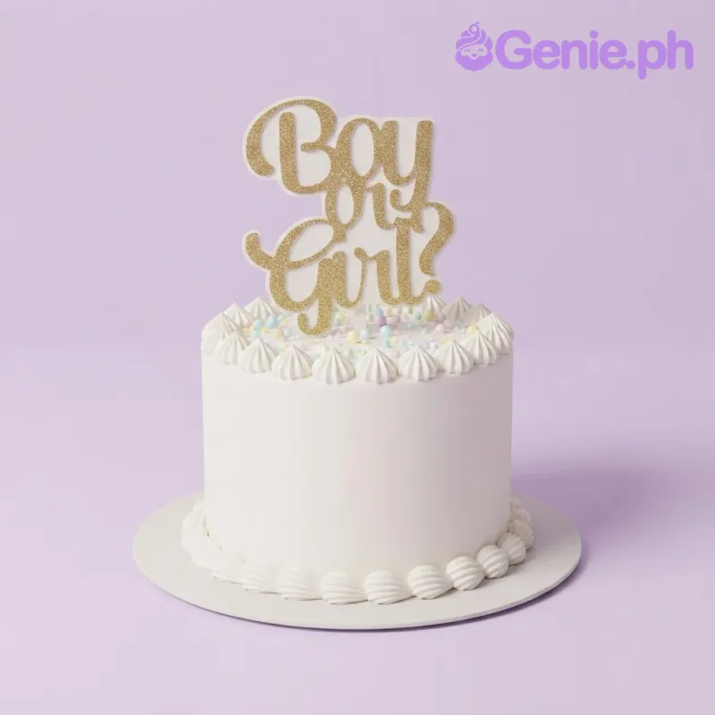 A white and gold 1 Tier cake themed around Gender Reveal, featuring a gold glitter 'Boy or Girl?' topper, white piped rosettes, and pastel sprinkles. A white and gold 1 Tier cake themed around Gender Reveal, featuring a gold glitter 'Boy or Girl?' topper, white piped rosettes, and pastel sprinkles.