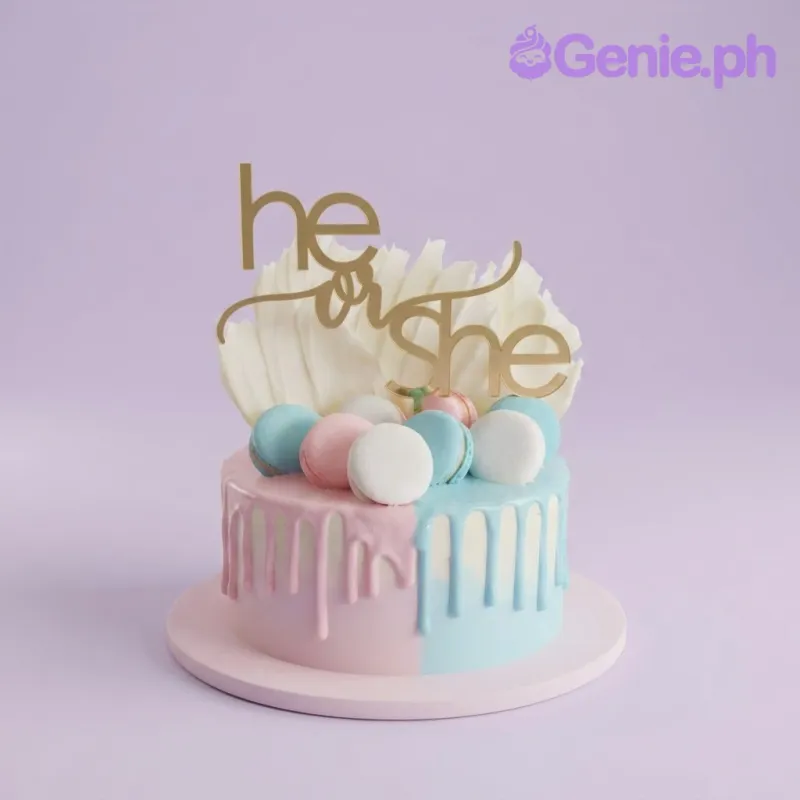 A white, pink, and blue 1-tier cake themed around Gender Reveal, featuring a gold 'he or she' topper, pink and blue drip, macarons, and a white sail. A white, pink, and blue 1-tier cake themed around Gender Reveal, featuring a gold 'he or she' topper, pink and blue drip, macarons, and a white sail.