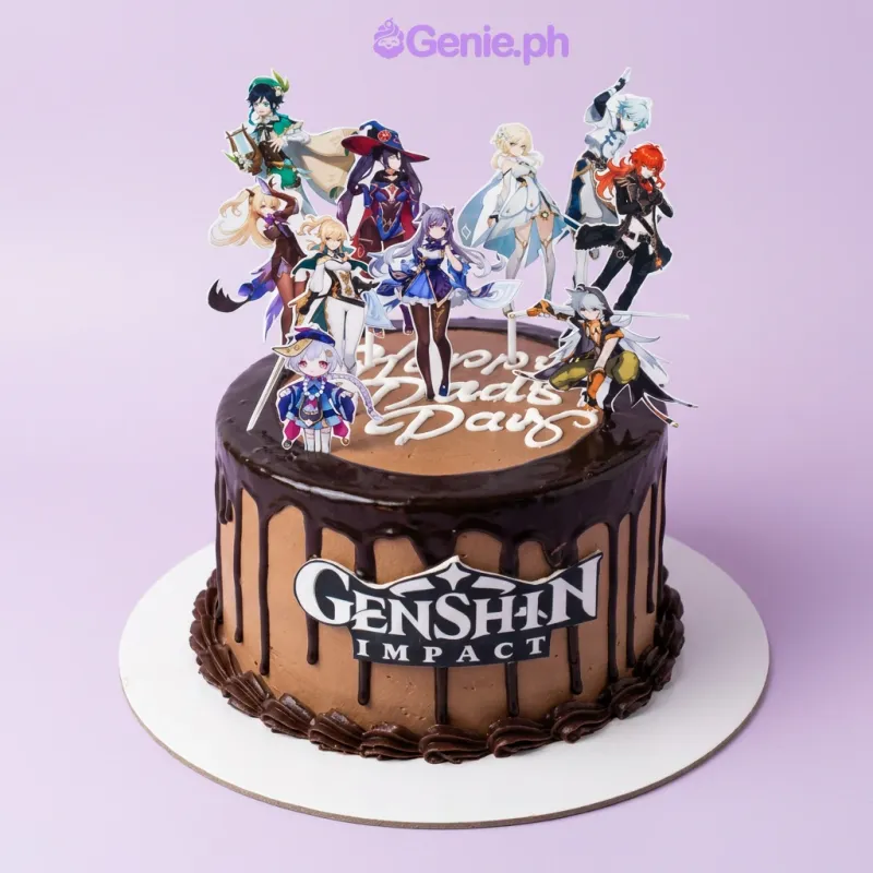 A Brown and White 1 Tier cake themed around Genshin Impact, featuring character printouts, a logo, and a 'Happy Dad's Day' message. A Brown and White 1 Tier cake themed around Genshin Impact, featuring character printouts, a logo, and a 'Happy Dad's Day' message.