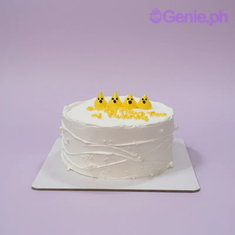 A white and yellow 1 Tier cake themed around Ghost Minimalist, featuring yellow ghost-like meringue toppers and a piped message. A white and yellow 1 Tier cake themed around Ghost Minimalist, featuring yellow ghost-like meringue toppers and a piped message.
