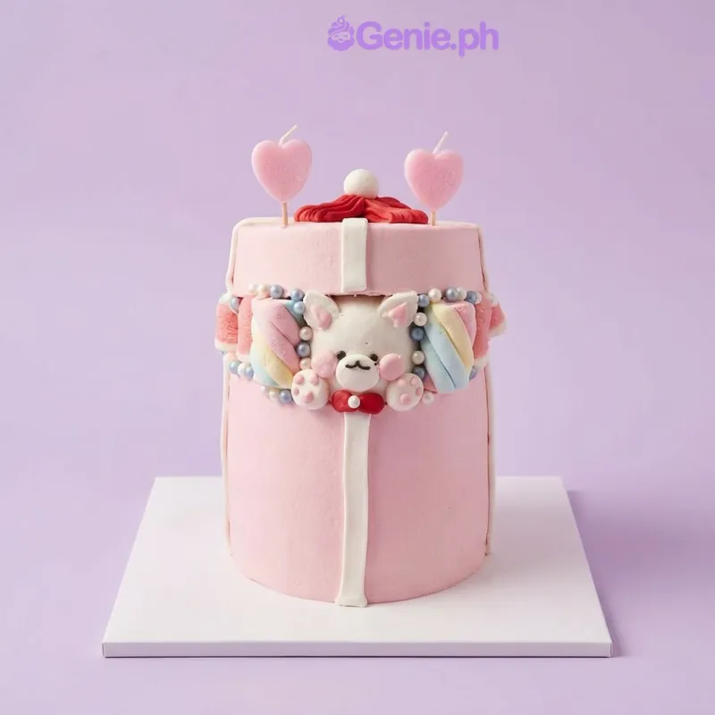 Gift Cake cake design — 1 layer fondant cake in pink — with cat face applique, heart shaped candles, marshmallows on sides, and pearl dragees Gift Cake cake design — 1 layer fondant cake in pink — with cat face applique, heart shaped candles, marshmallows on sides, and pearl dragees