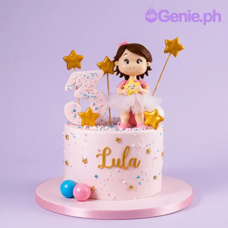 Pink single-tier birthday cake with girl figurine topper, number 3, and gold star decorations Pink single-tier birthday cake with girl figurine topper, number 3, and gold star decorations