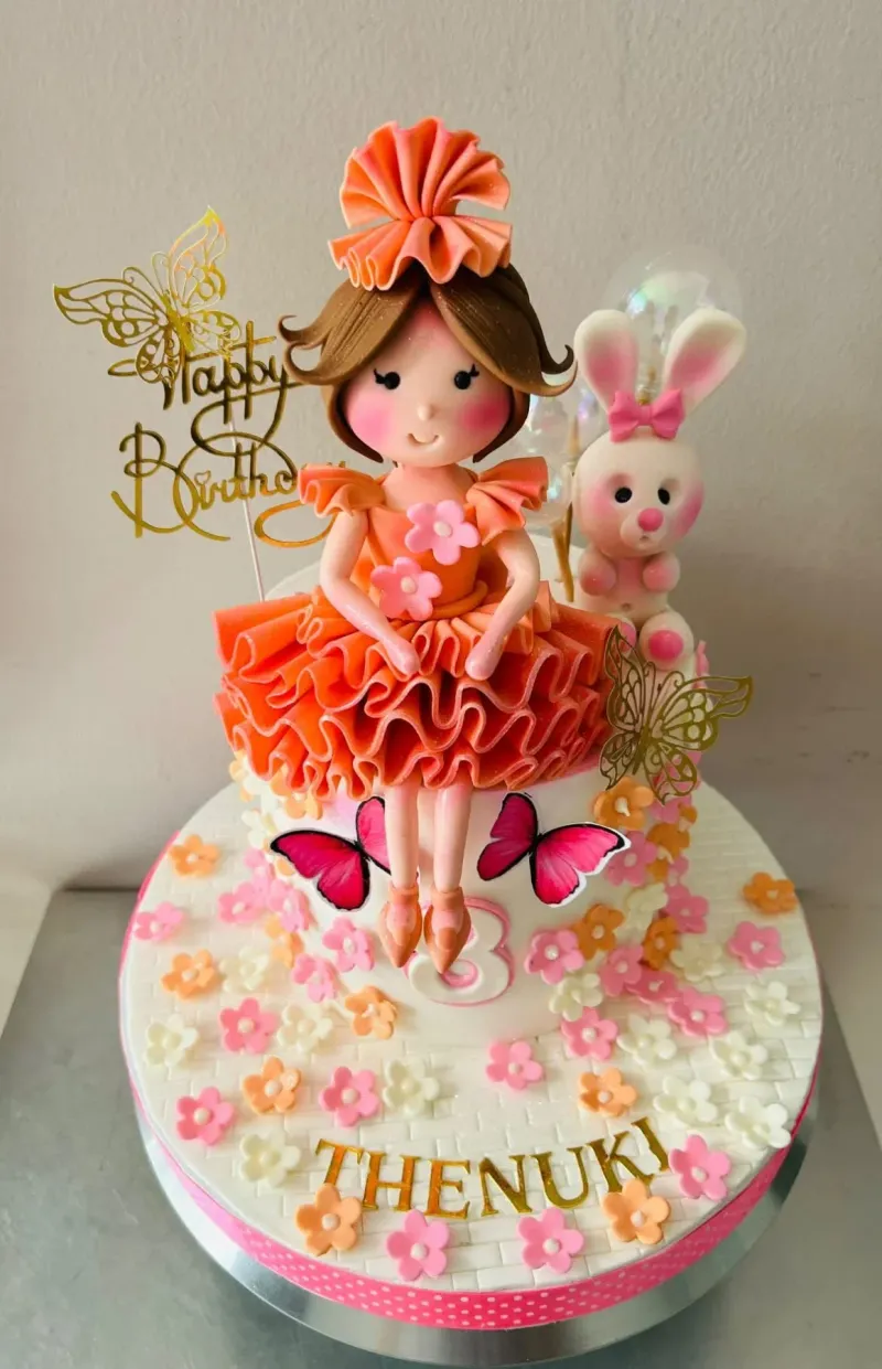 girl bunny birthday 1 Tier Fondant - white, orange, pink theme with girl in orange dress and pink orange and white flowers girl bunny birthday 1 Tier Fondant - white, orange, pink theme with girl in orange dress and pink orange and white flowers