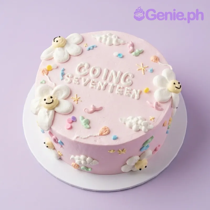 A light pink and white 1-tier cake themed around Going Seventeen, featuring white icing flowers, clouds, pastel doodles, and 'GOING SEVENTEEN' text. A light pink and white 1-tier cake themed around Going Seventeen, featuring white icing flowers, clouds, pastel doodles, and 'GOING SEVENTEEN' text.