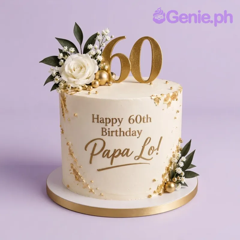Ivory 1-tier cake with soft icing, a gold cardstock number 60 topper, and a large white fondant rose Ivory 1-tier cake with soft icing, a gold cardstock number 60 topper, and a large white fondant rose