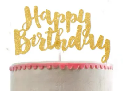 A white 1-tier cake themed 'Gold Birthday', with a large gold glitter 'Happy Birthday' cardstock topper and a pink icing border. A white 1-tier cake themed 'Gold Birthday', with a large gold glitter 'Happy Birthday' cardstock topper and a pink icing border.