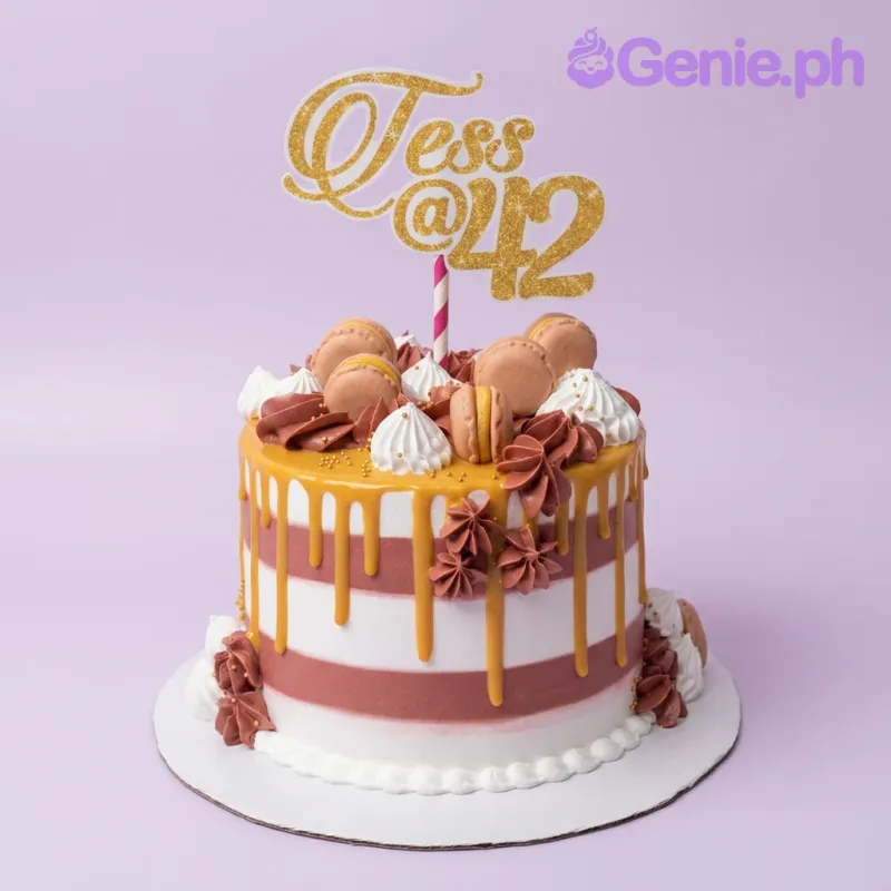 A white and pink striped birthday cake with gold drip, macarons, and a gold glitter Jess at 42 topper. A white and pink striped birthday cake with gold drip, macarons, and a gold glitter Jess at 42 topper.