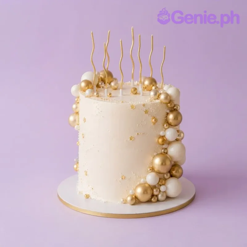White 1-tier cake with soft icing finish, tall gold spiral candles, and a cascading cluster of gold and white spheres White 1-tier cake with soft icing finish, tall gold spiral candles, and a cascading cluster of gold and white spheres
