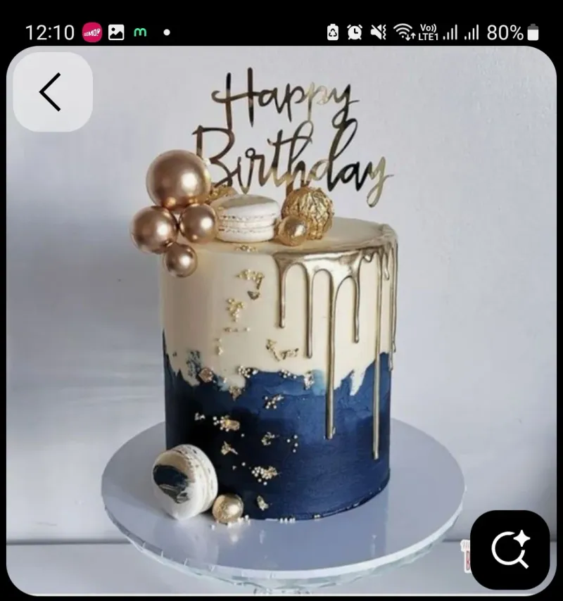 Gold Navy Birthday 1 Tier - cream, navy, gold theme with Happy Birthday text topper and small gold plastic balls Gold Navy Birthday 1 Tier - cream, navy, gold theme with Happy Birthday text topper and small gold plastic balls
