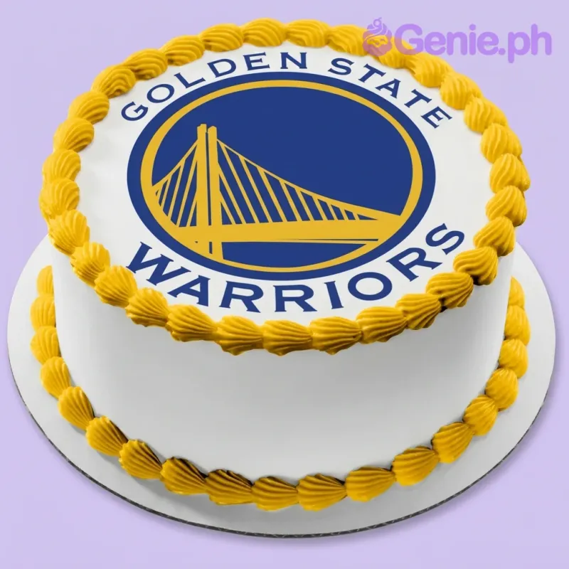 A white, blue, and yellow 1 Tier cake themed around Golden State Warriors basketball, featuring a Golden State Warriors logo and yellow icing borders. A white, blue, and yellow 1 Tier cake themed around Golden State Warriors basketball, featuring a Golden State Warriors logo and yellow icing borders.