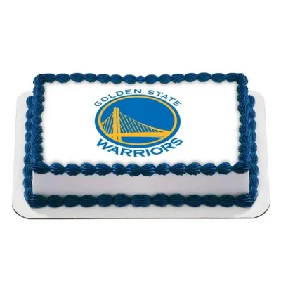 A white rectangle cake themed around Golden State Warriors, featuring an edible logo print and blue shell icing borders. A white rectangle cake themed around Golden State Warriors, featuring an edible logo print and blue shell icing borders.
