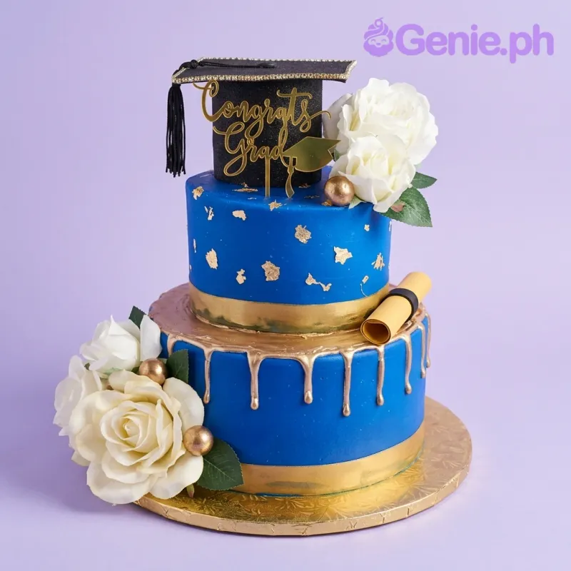 A royal blue and gold 2-tier Graduation-themed cake, featuring a black graduation cap, 'Congrats Grad' text, and gold drip. A royal blue and gold 2-tier Graduation-themed cake, featuring a black graduation cap, 'Congrats Grad' text, and gold drip.