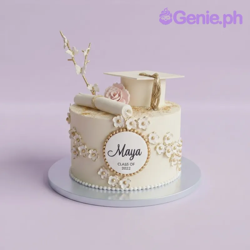 Ivory 1-tier cake with a graduation cap, diploma scroll, name plaque, and white floral accents Ivory 1-tier cake with a graduation cap, diploma scroll, name plaque, and white floral accents