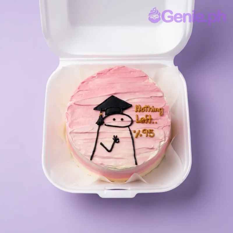 A pink and white Bento cake themed around Graduation Flork, featuring a flork character wearing a graduation cap and 'Nothing Left.. 1.95' text. A pink and white Bento cake themed around Graduation Flork, featuring a flork character wearing a graduation cap and 'Nothing Left.. 1.95' text.
